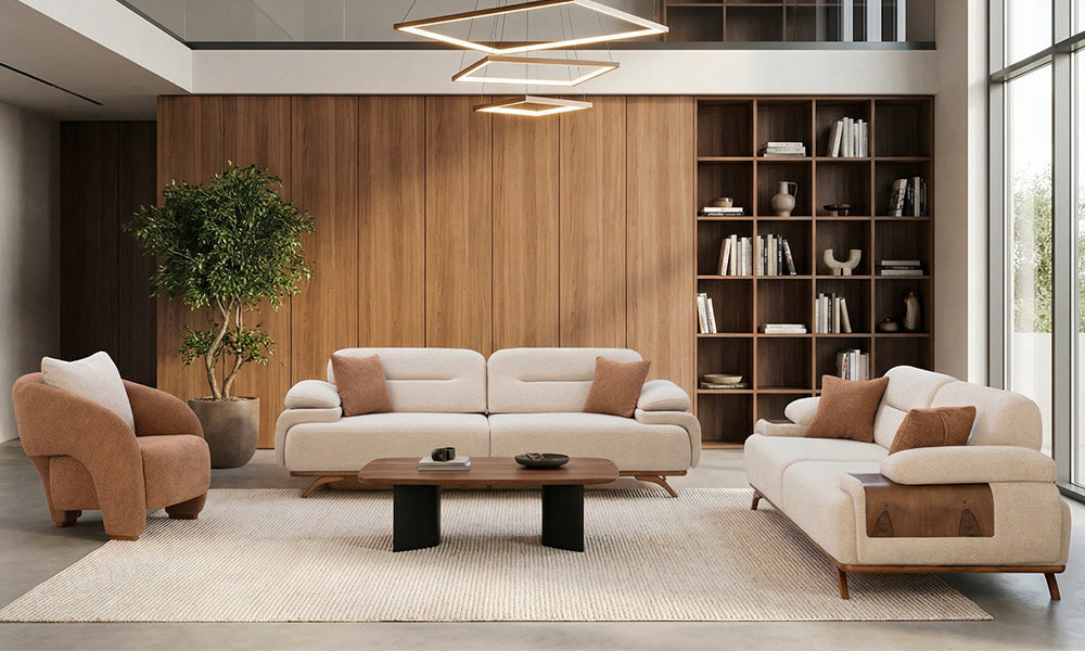 Petra Modern Koltuk Takımı, krem renk üçlü koltuklar, kahverengi berjer ve modern salon dekorasyonu