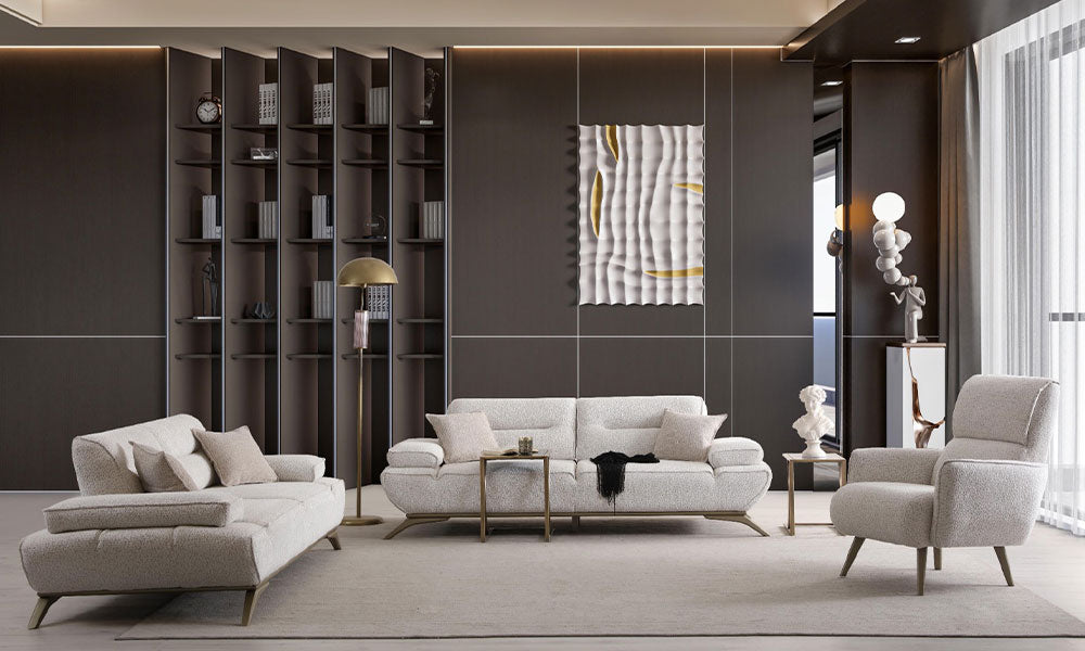 Prada Modern Koltuk Takımı'nın lüks bir salondaki tam takım görünümü; hareketli mekanizmalı üçlü ve ikili koltuk ile yüksek sırtlı berjer bir arada.