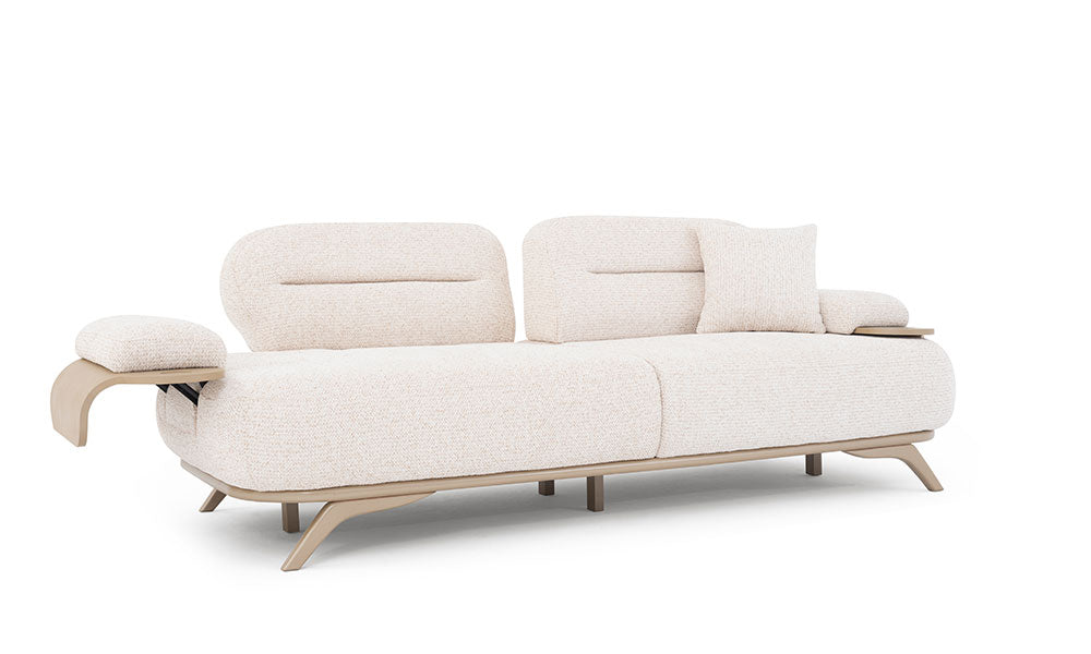 Rove Modern koltuğun hem sırt hem de kol mekanizmalarının açılmış haliyle sunduğu geniş oturum ve yatak olma özelliği.