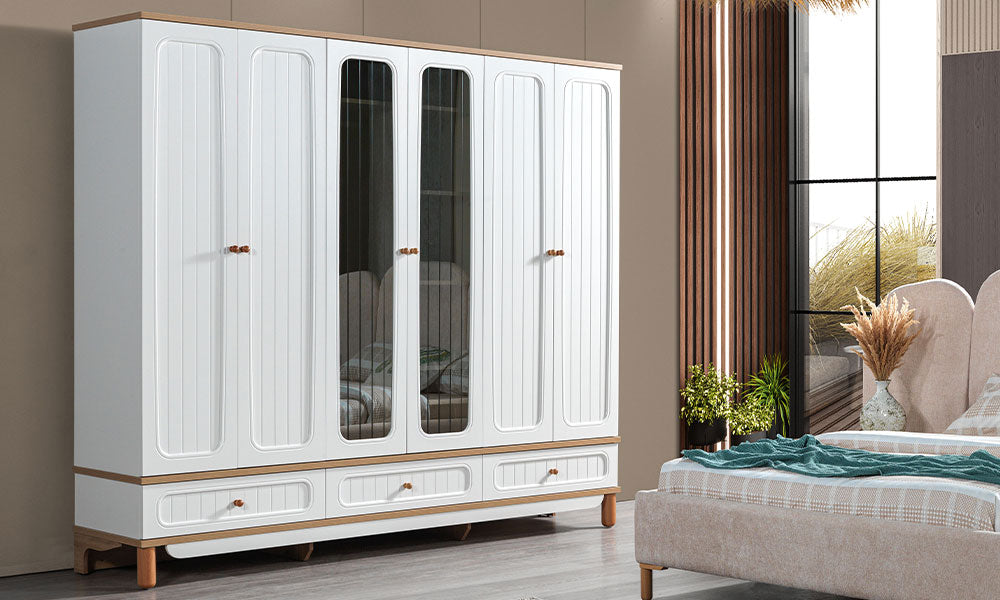 Silva Bohem serisi, 6 kapaklı ve 3 çekmeceli, orta kapakları yivli camlı, beyaz ve ahşap renkli bohem gardırop.