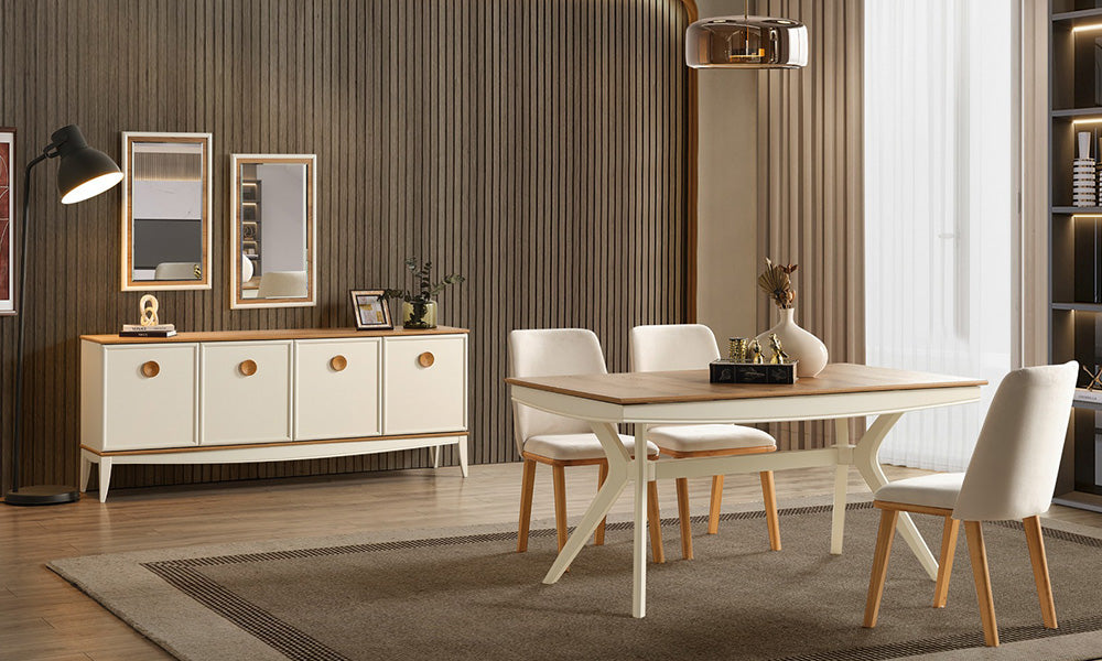 Silva Modern Yemek Odası Takımı; açılabilir masası, dört kapaklı suntalam konsolu ve ikiz çerçeveli aynaları ile modern salondaki tam görünümü.