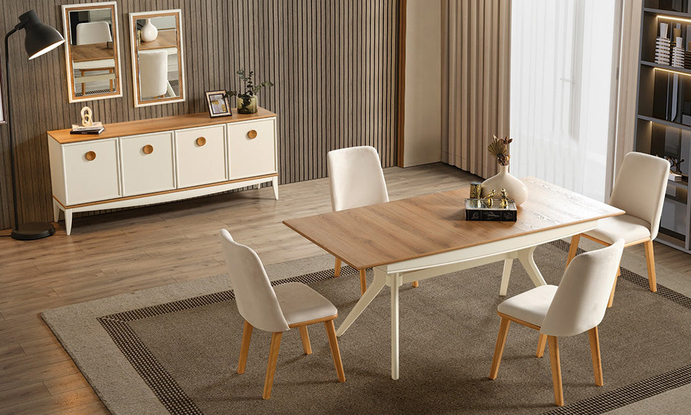 Silva Modern Yemek Odası Takımı; açılabilir masası, dört kapaklı suntalam konsolu ve ikiz çerçeveli aynaları ile modern salondaki tam görünümü.