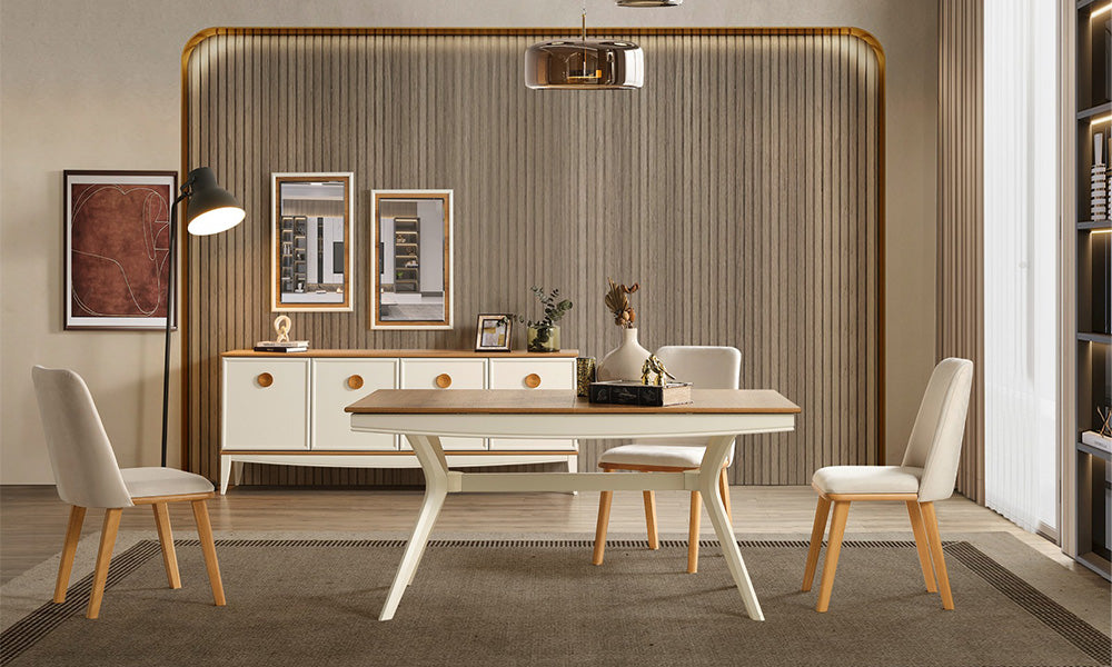 Krem ve ahşap tonlarında Silva Yemek Odası Takımı, suntalam konsolu, açılır masası ve kumaş sandalyeleriyle şık bir yerleşimde.