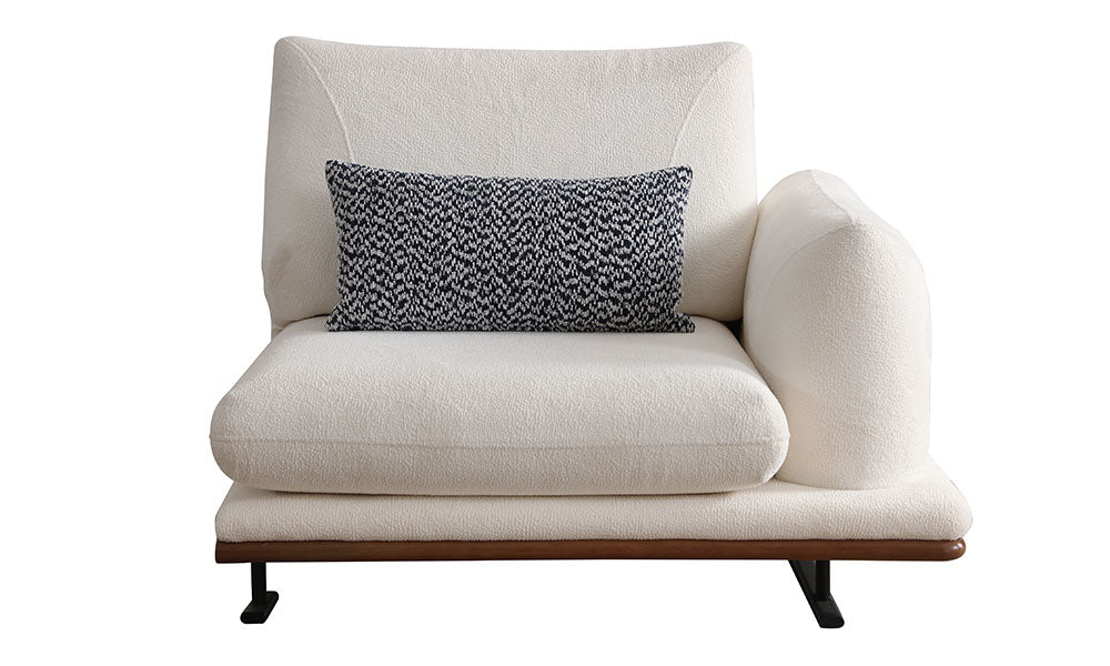 Soho Modern köşe koltuk takımına ait, krem bukle kumaşlı, ahşap bazalı ve metal ayaklı tek kollu modül.
