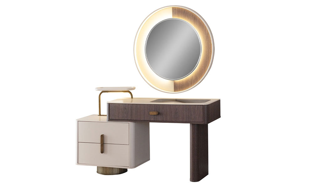Velar Modern Şifonyer; LED aydınlatmalı yuvarlak aynası, asimetrik tasarımı, bej ve koyu ahşap renkleri ve altın metal detaylarıyla.