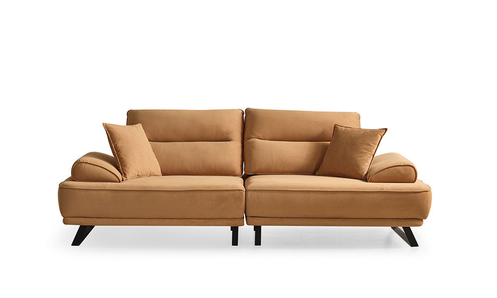 Velar Modern üçlü koltuğun taba rengi kadife kumaşlı, metal ayaklı ve kapalı mekanizmalı önden görünümü.