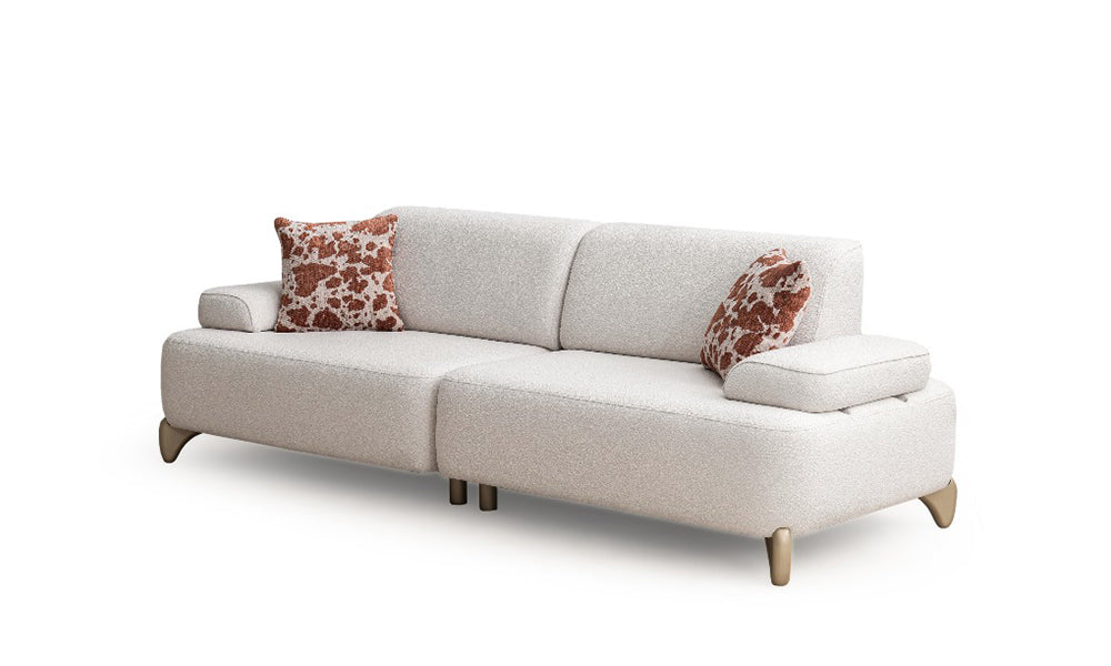 Yıldız Modern üçlü koltuğun bukle kumaşlı, yuvarlak hatlı ve gold renkli ayaklı, iki parçalı modüler tasarımı.