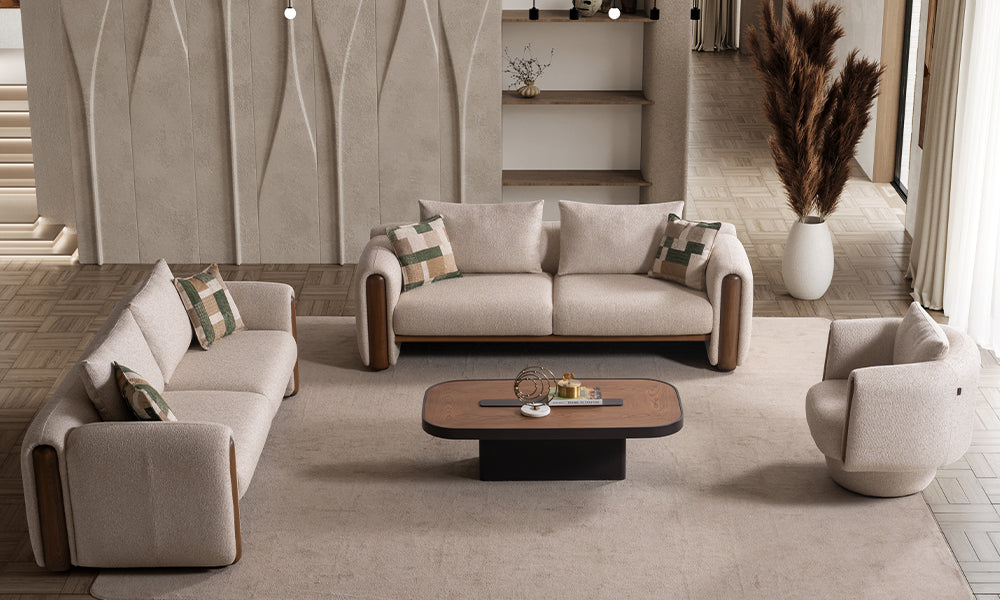 Zenix lüks koltuk takımı 45 derece görünüm; leke itici açık renk premium kumaş yüzeyi, kırlent uyumu ve minimalist lobi konsepti.