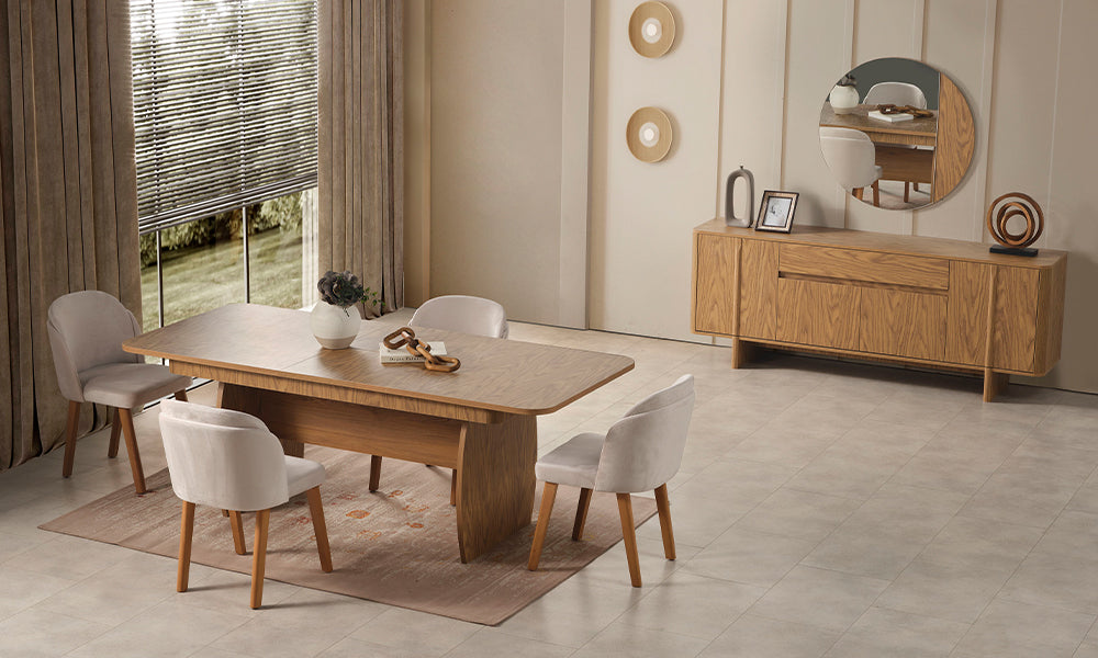 Zirve modern yemek odası takımı; ceviz renkli açılır yemek masası, krem döşemeli sandalyeler, geniş konsol ve yuvarlak aynasıyla modern salon ortamında
