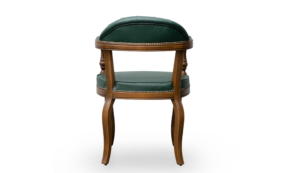 Ahtapot sandalyenin arkadan görünümü; kavisli ahşap çerçeve, pirinç zımba şeridi detayı ve kavisli bacak (cabriole) yapısının sağlam duruşu.