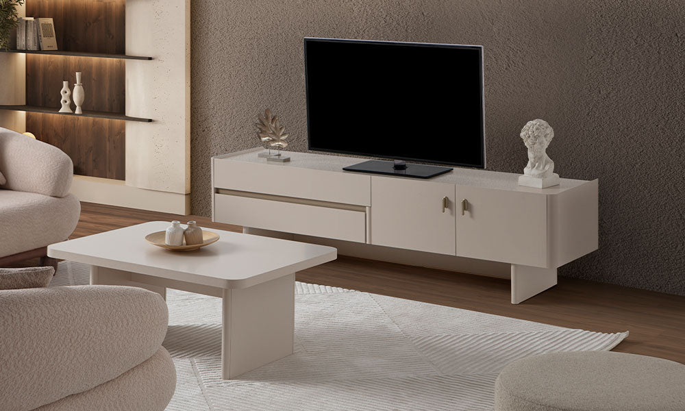 Modern salonda Alaska lake TV ünitesi ve uyumlu orta sehpa, açık bej renkli sade salon mobilyaları