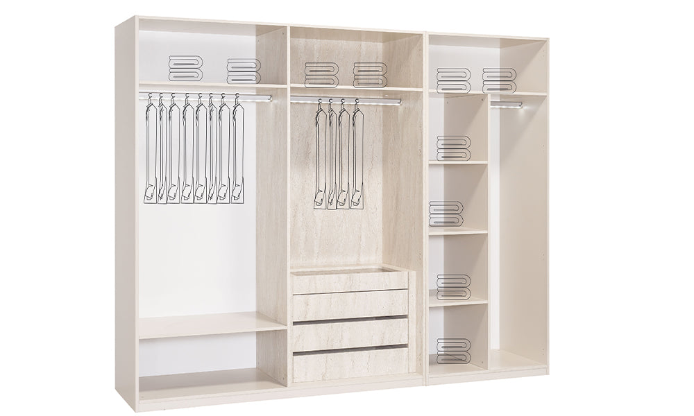 Alkan dolabın ergonomik iç şeması; led aydınlatmalı askı boruları, çoklu raf düzeni ve ortada yer alan 3 adet mermer desenli iç çekmece modülü.