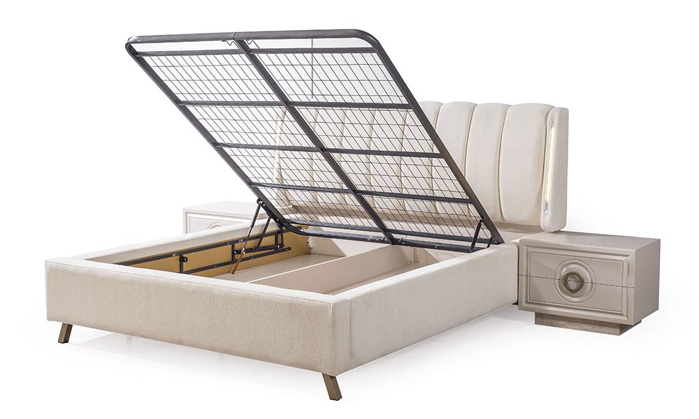 Alkan bazalı karyolanın teknik özelliği; geniş iç depolama hacmi, çelik profilli sağlam makas sistemi ve amortisörlü açılır yapı.