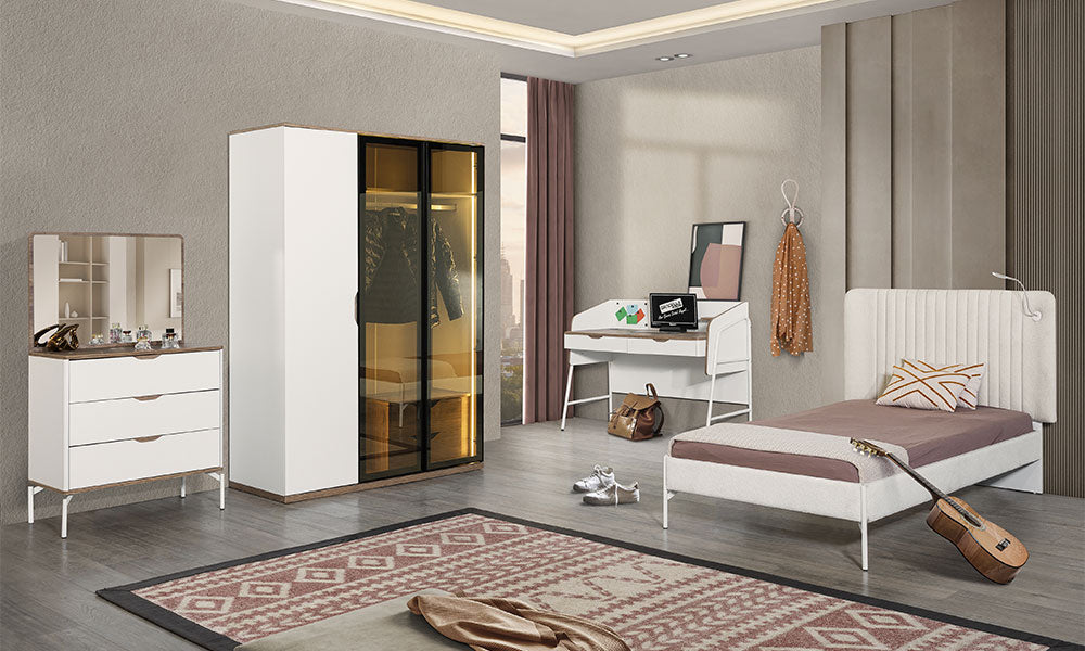 Anka Modern Genç Odası Takımı; füme cam kapaklı ledli dolap, okuma lambalı beyaz başlık, metal ayaklı çalışma masası ve şifonyerin genel görünümü.