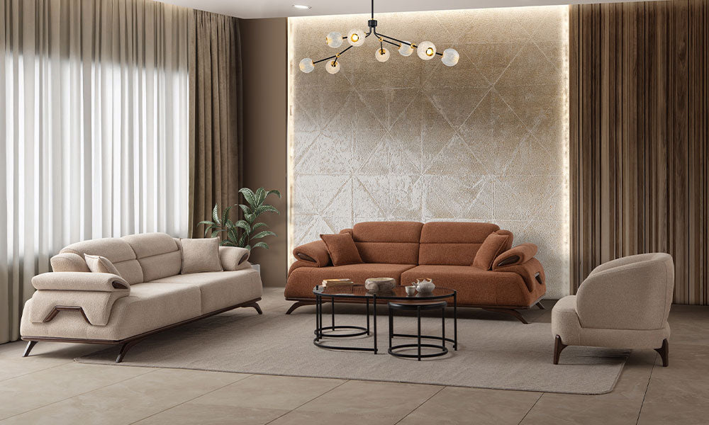 Beren Modern Koltuk Takımı salon yerleşimi; kiremit ve bej renk kombinasyonlu açılır üçlü koltuklar, ceviz ayaklı ergonomik berjer ve lüks konsept.