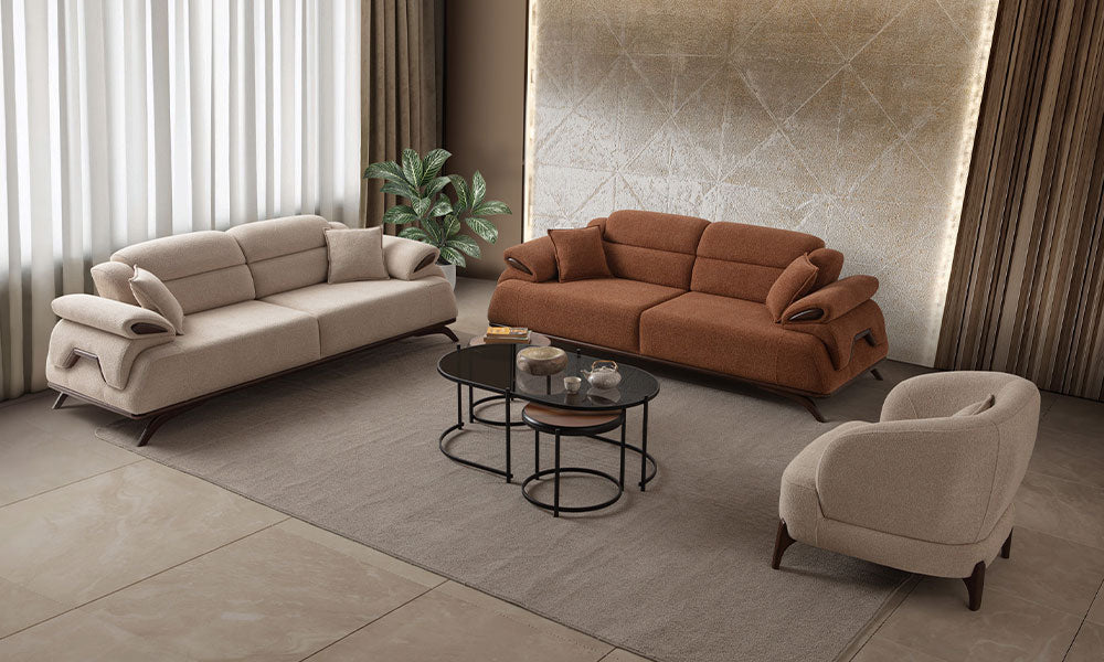 Beren koltuk takımı 45 derece görünüm; dar alanlar için yer tasarrufu sağlayan mekanizmalı kollar ve robot süpürgeye uygun yüksek ayak mimarisi.