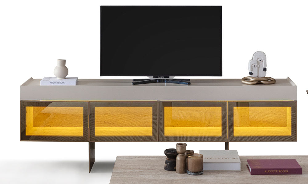 Armonia Modern TV Ünitesi, MDF yapısı ve sade çizgileriyle modern salon dekorasyonunu tamamlayan ürün görünümü