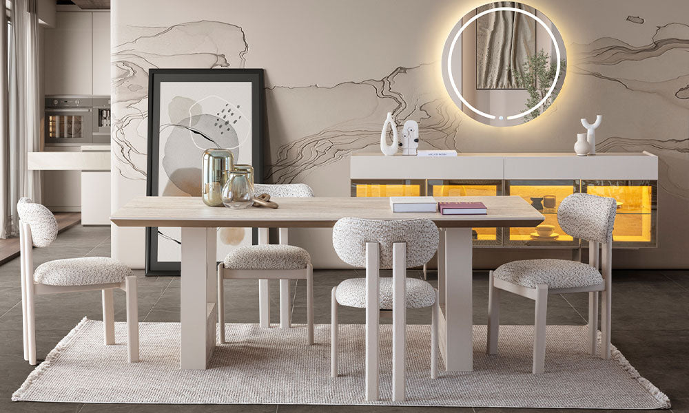 Armonia Modern Yemek Odası Takımının masa, sandalye ve konsol yerleşimini gösteren farklı açıdan genel görünümü