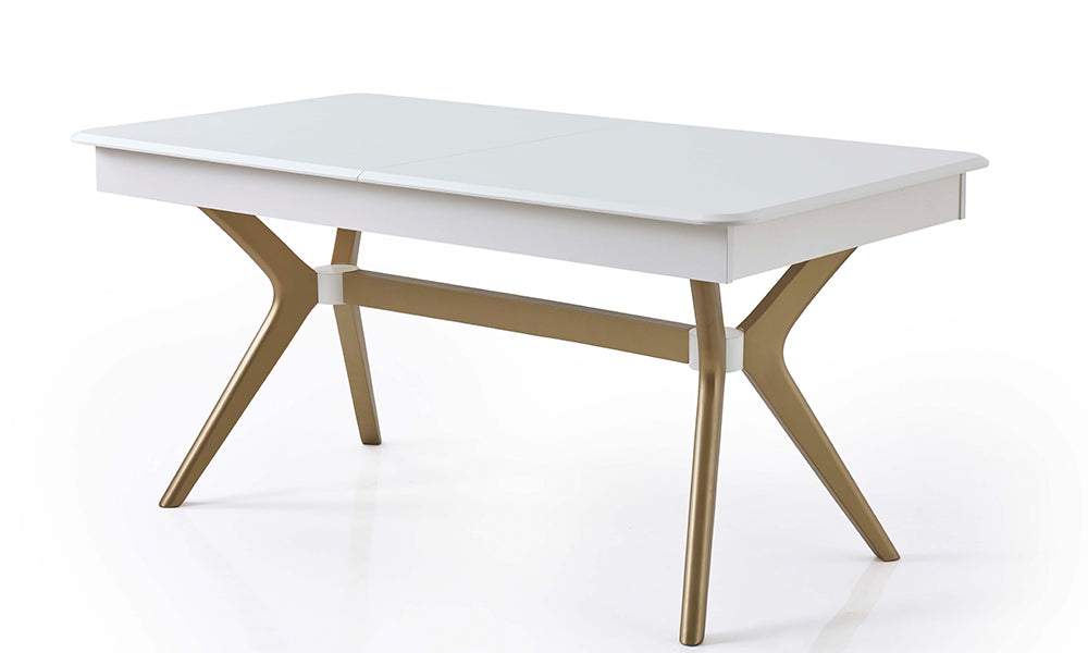 Asel Modern Açılır Masa kapalı görünüm profili; dar alanlar için yer tasarrufu sağlayan şampanya renkli geometrik çapraz ayaklar ve mat beyaz üst tabla.