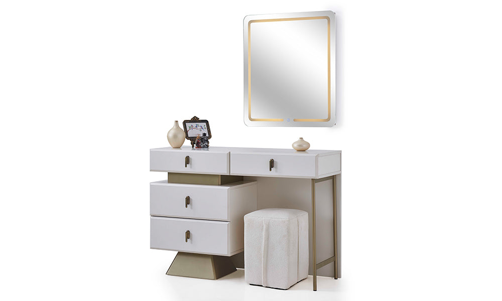 Asel Modern Şifonyer; dokunmatik led aynalı, blutut ses sistemli, piramit ayaklı makyaj masası ve beyaz puf kombinasyonu.