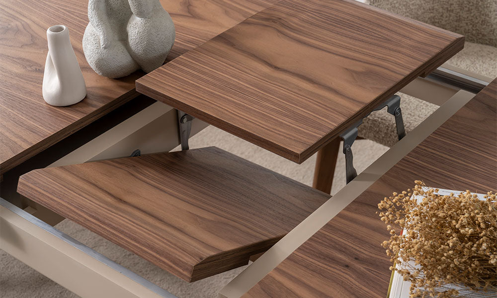 Aura Modern Yemek Masası'nın doğal ceviz kaplama üst tablasındaki pratik kelebek açılır mekanizma sistemi ve sağlam ray yapısı.