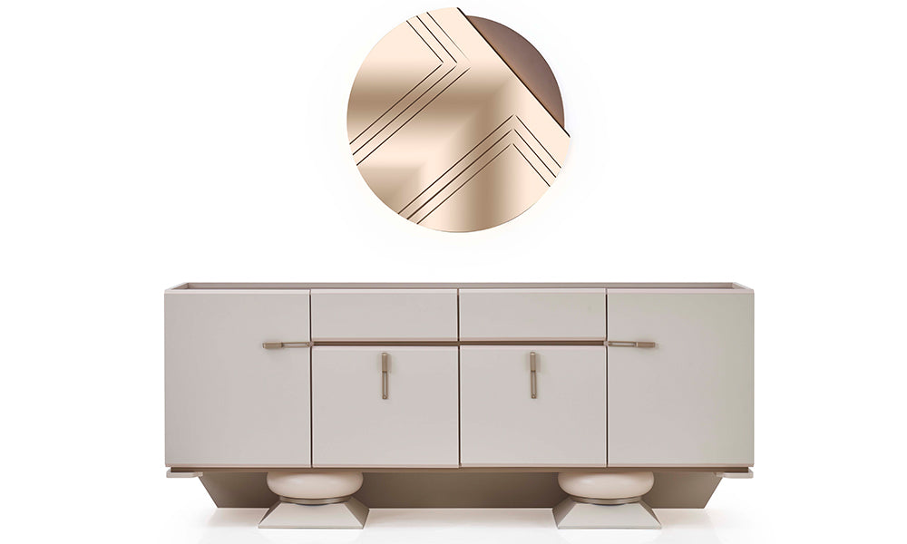 Bonita Modern Konsol; ipeksi mat bej gövde, statik denge sağlayan heykelsi piramit ayaklar, yatay metal kulplar ve led aydınlatmalı asimetrik duvar aynası.