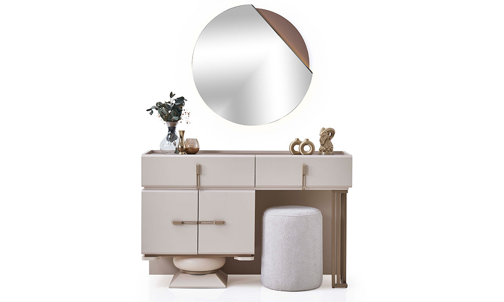 Bonita Modern Şifonyer önden görünüm; asimetrik led ayna, heykelsi alt kaide, bej gövde ve makyaj masası entegreli tasarım.