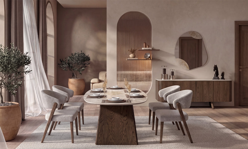 Calista Modern Yemek Odası Takımı, mat seramik masası, altı sandalyeli düzeni, ahşap konsolu ve dekoratif aynası