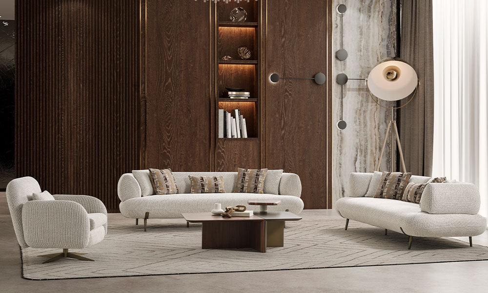 Candy Modern Koltuk Takımı'nın tam takım salon görünümü; keten kumaşlı yuvarlak hatlı kanepeler ve döner berjer bir arada.