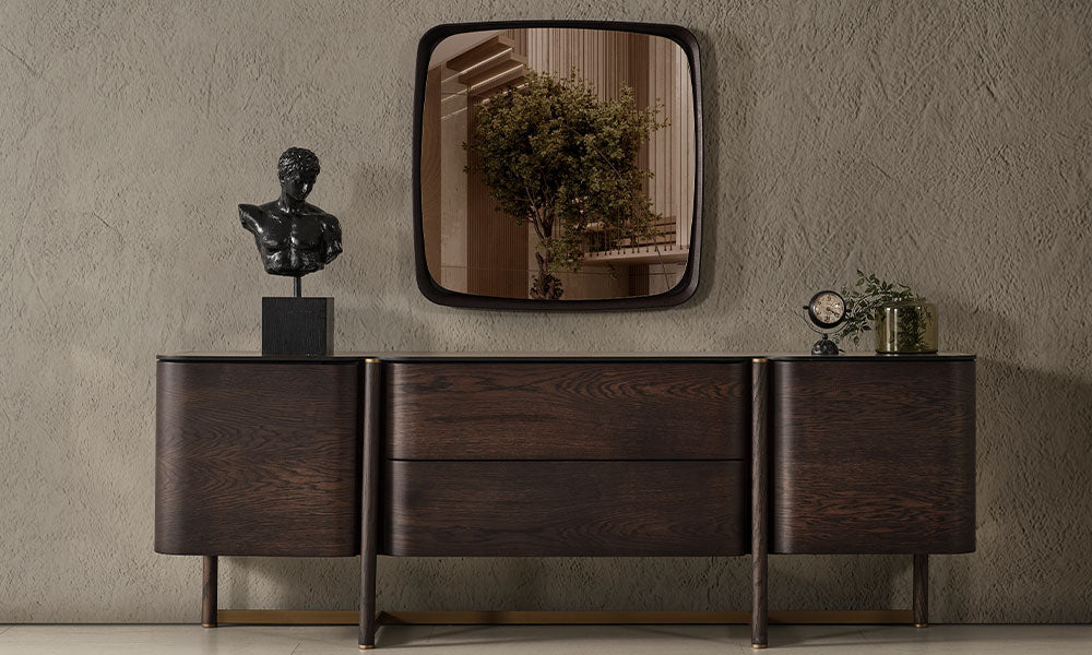Cartier Modern MDF Konsol, koyu ceviz gövdesi, iki çekmecesi, kapaklı bölmeleri ve dekoratif aynasıyla önden görünüm