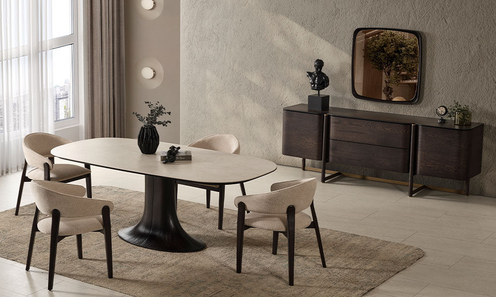 Cartier Modern Seramik Masalı Yemek Odası Takımı, krem sandalyeler, MDF konsol ve dekoratif ayna