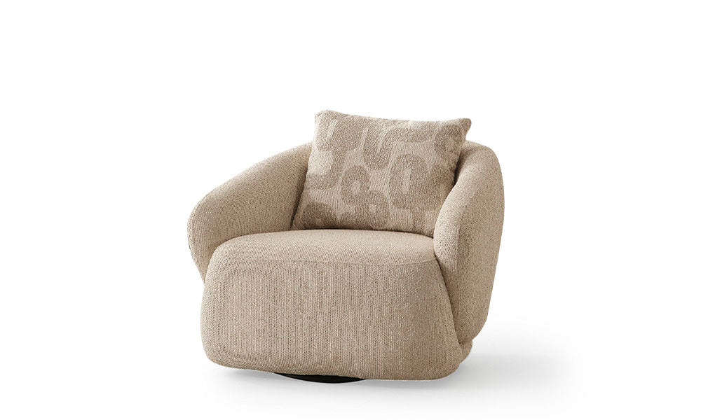 Cool Modern döner berjerin desenli kırlentiyle birlikte, bej dokulu kumaş kaplı önden görünümü.