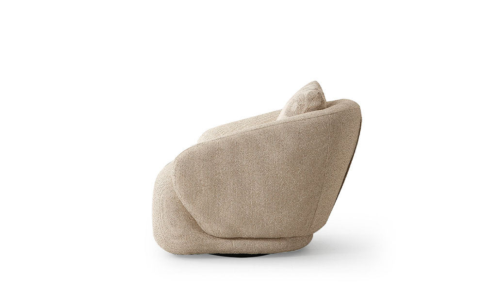 Cool Modern döner berjerin heykelsi ve kavisli sırt tasarımını gösteren yandan profil görünümü.