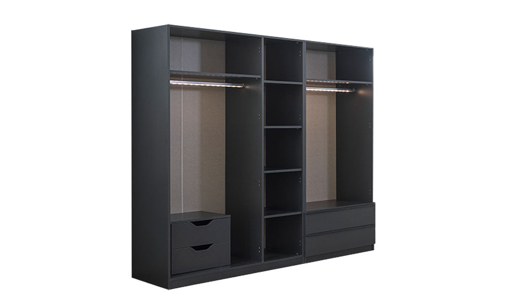Corner Modern Gardırop'un iç kullanım şeması; L köşe modülü, led aydınlatmalı askı boruları, raf düzeni ve alt çekmece modülleri.