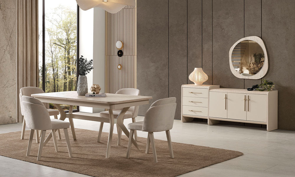 Defne modern yemek odası takımı, açık renk yemek masası, dört kumaş sandalye, konsol ve dekoratif aynayla aydınlık salon ortamında.