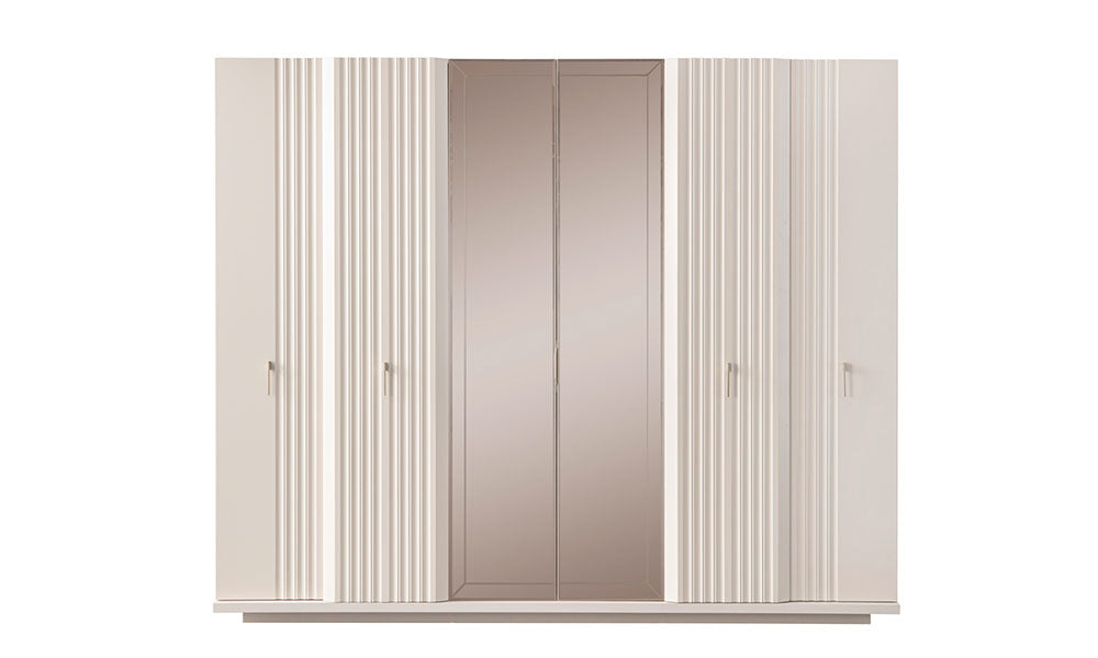 Emerald Modern gardırobun altı kapaklı tasarımı; dikey yivli dokulu yan kapaklar ve bronz füme aynalı orta kapaklar.