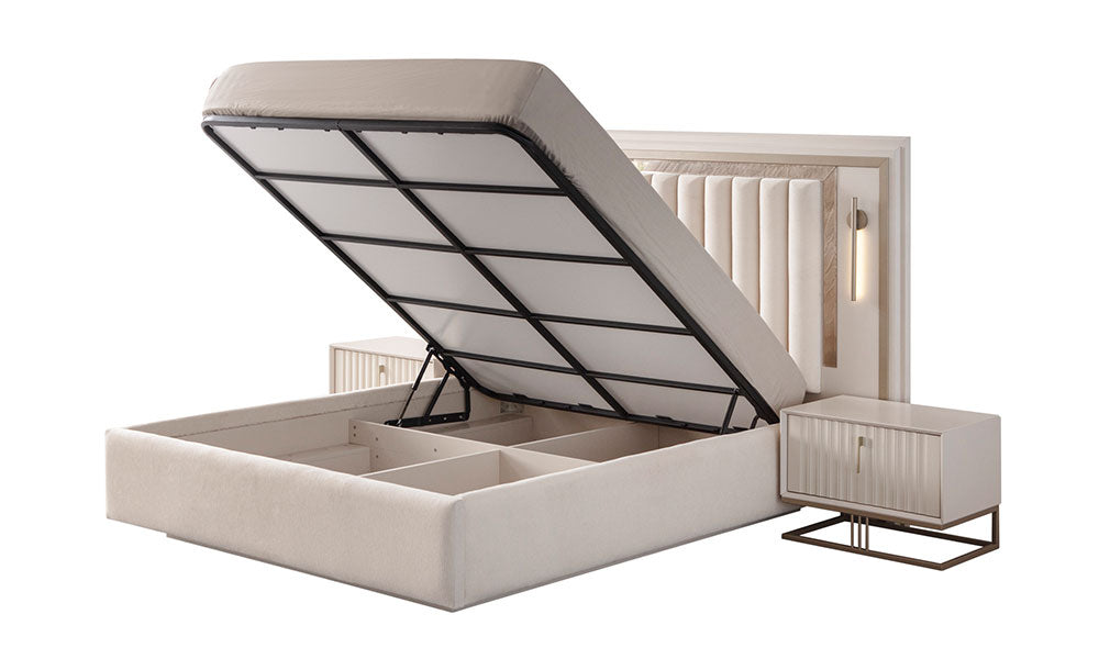 Emerald Modern karyolanın geniş iç hacmini ve bölmeli depolama alanını gösteren bazalı mekanizmasının açık hali.