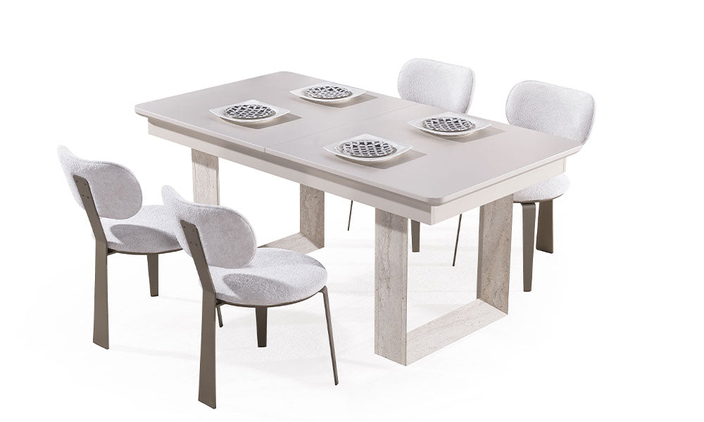 Eudora Modern Yemek Masası; traverten mermer desenli blok ayak yapısı, açılır özellikli krem üst tabla ve modern buklet sandalye kombinasyonu.