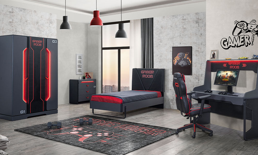 Gamer Modern Genç Odası Takımı; siyah deri başlıklı yatak, ledli çalışma masası ve oyuncu koltuğu ile tamamlanmış e-spor konseptli oda dekorasyonu.