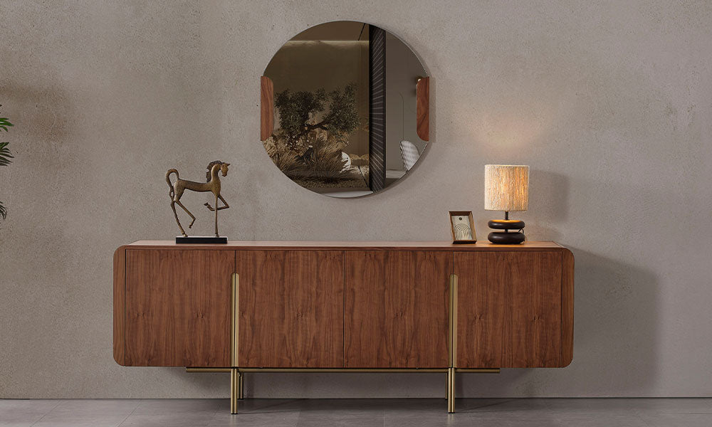 Helyos Modern ceviz renkli MDF Konsol, dört kapaklı gövdesi, gold metal ayakları ve yuvarlak aynası