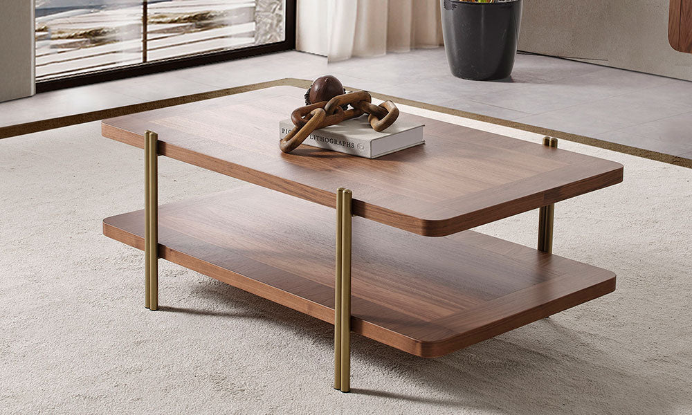 Helyos Modern MDF Orta Sehpa, ceviz renkli çift tablası, yuvarlatılmış köşeleri ve gold metal ayakları