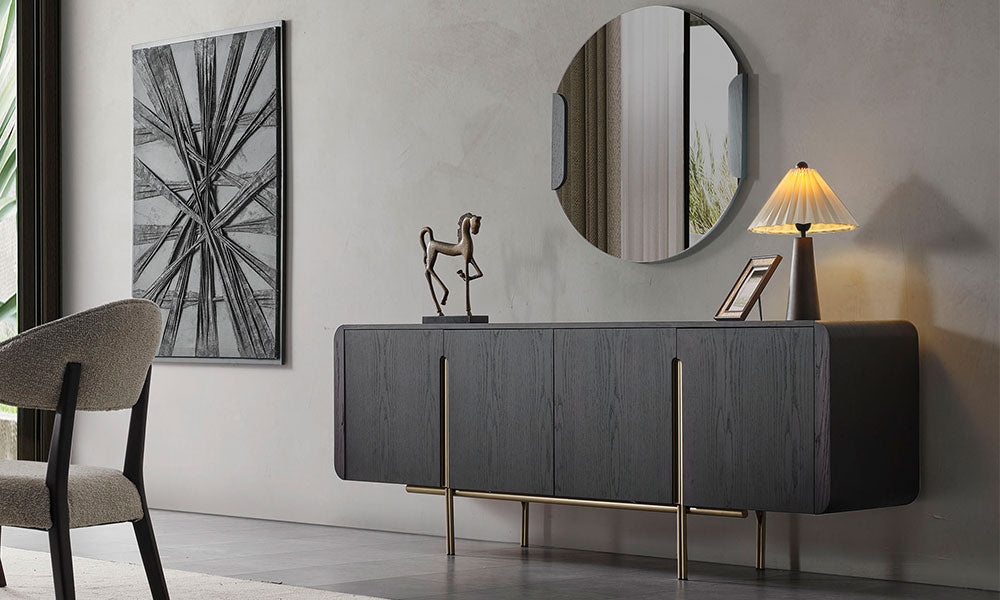 Helyos Plus Modern MDF Konsol, koyu ceviz dört kapaklı gövdesi, gold metal ayakları ve yuvarlak aynasıyla çapraz görünüm