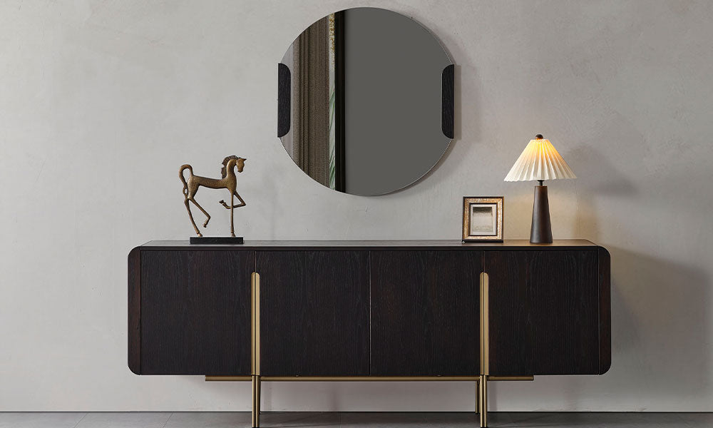 Helyos Plus Modern MDF Konsol, koyu ceviz kapakları, gold metal ayakları ve yuvarlak aynasıyla önden görünüm