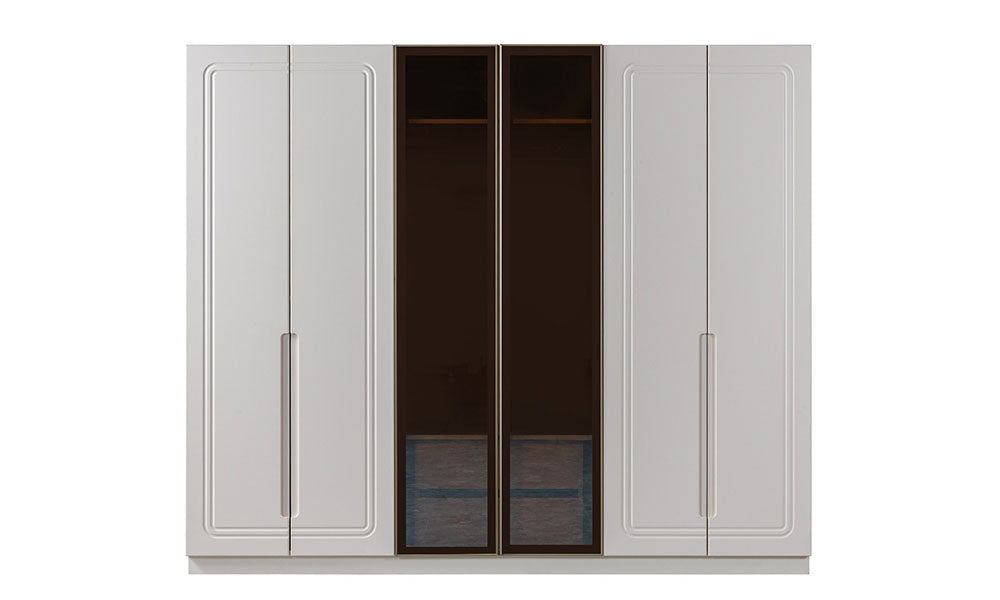İklim Modern Gardırop; altı kapaklı, MDF, ortası bronz füme camlı ve beyaz gövdeli modern tasarımın önden görünümü.
