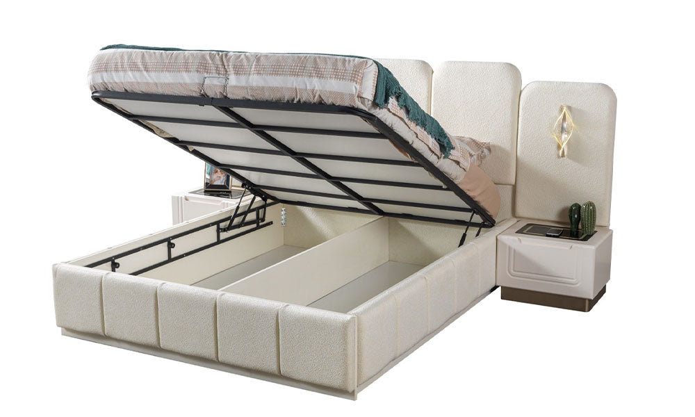 İklim Modern karyolanın geniş iç hacmini ve bölmeli depolama alanını gösteren bazalı mekanizmasının açık hali.