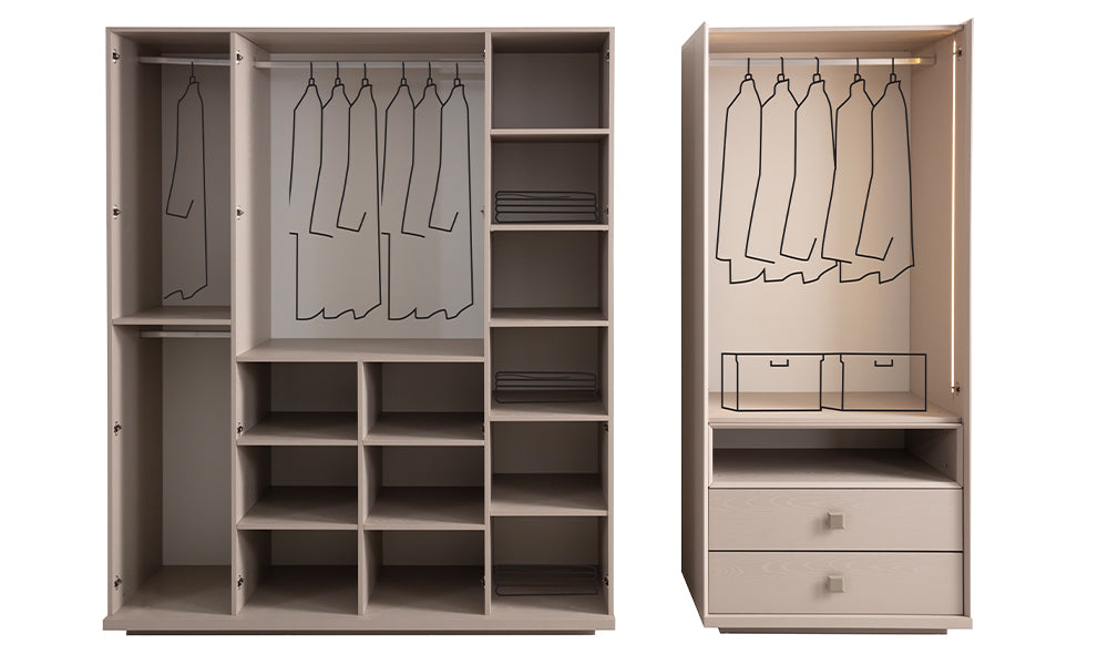İnci gardırop iç dizayn ve hacim detayları; çift katlı askı boruları, çoklu kazak rafları, altı bölmeli açık organizatör ve yavaşlatıcılı iç mekanizma.