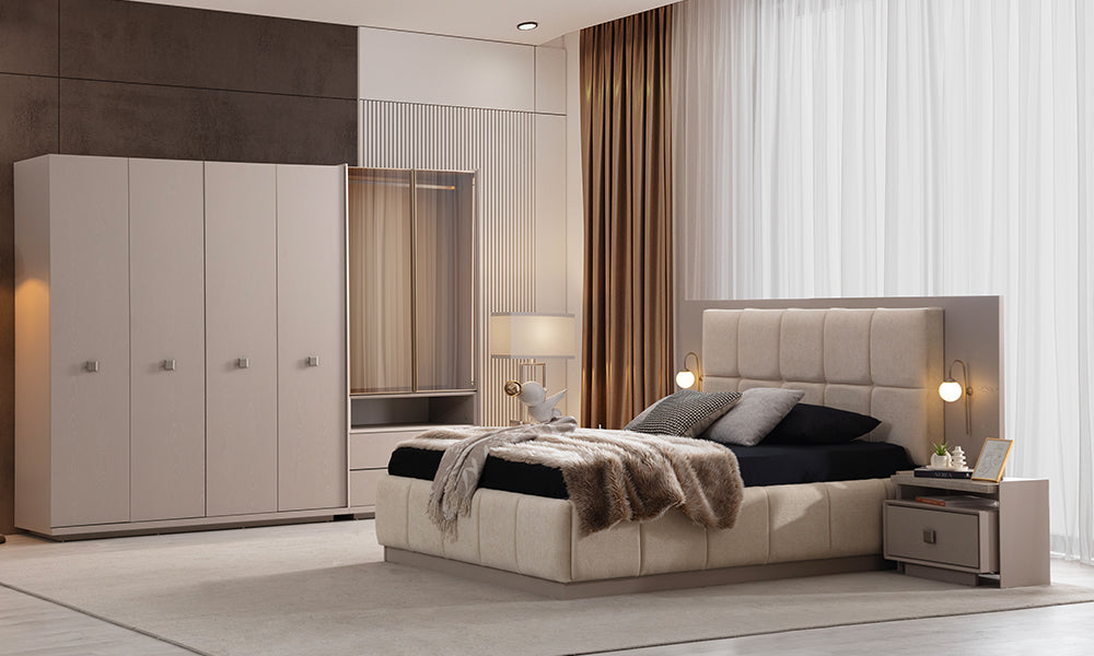 İnci Modern Yatak Odası Takımı; reflekte cam vitrinli ahşap gardırop, entegre aplikli panel karyola ve doğal dokulu lüks konsept yerleşimi.