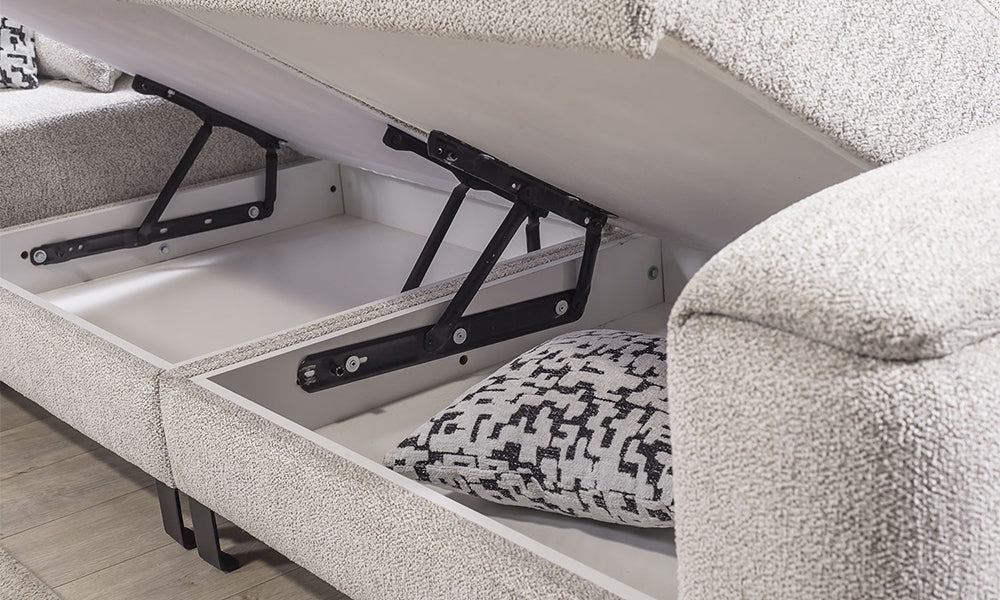 Bazalı koltuk çelik mekanizma detayı; ağır hizmet tipi siyah gazlı amortisörler, güvenli makas sistemi ve geniş iç saklama haznesi.