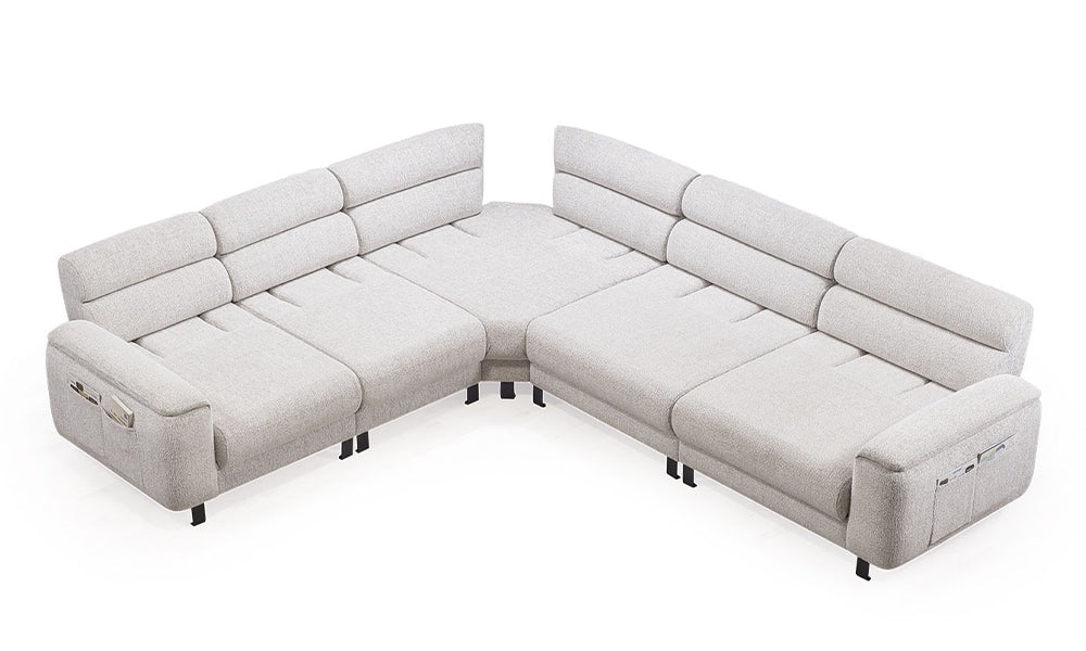 L köşe koltuk üstten görünüm; ergonomik sırt minderleri, devasa oturum kapasitesi ve modern mimari L formu.