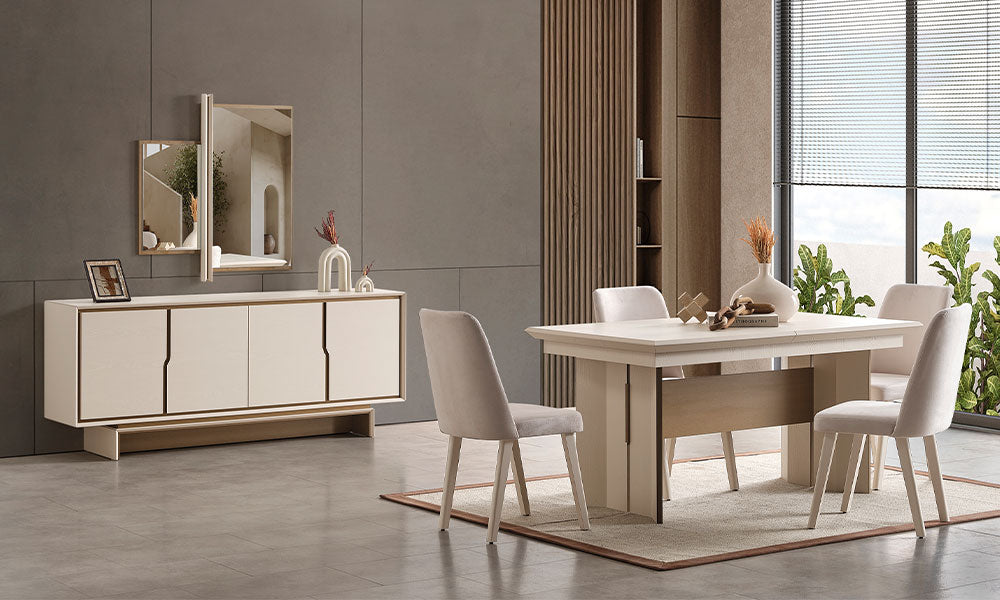 İpek Modern Yemek Odası Takımı; açılır masası, sade ve geniş konsolu ile asimetrik ayna setinin modern salondaki tam takım yerleşimi.